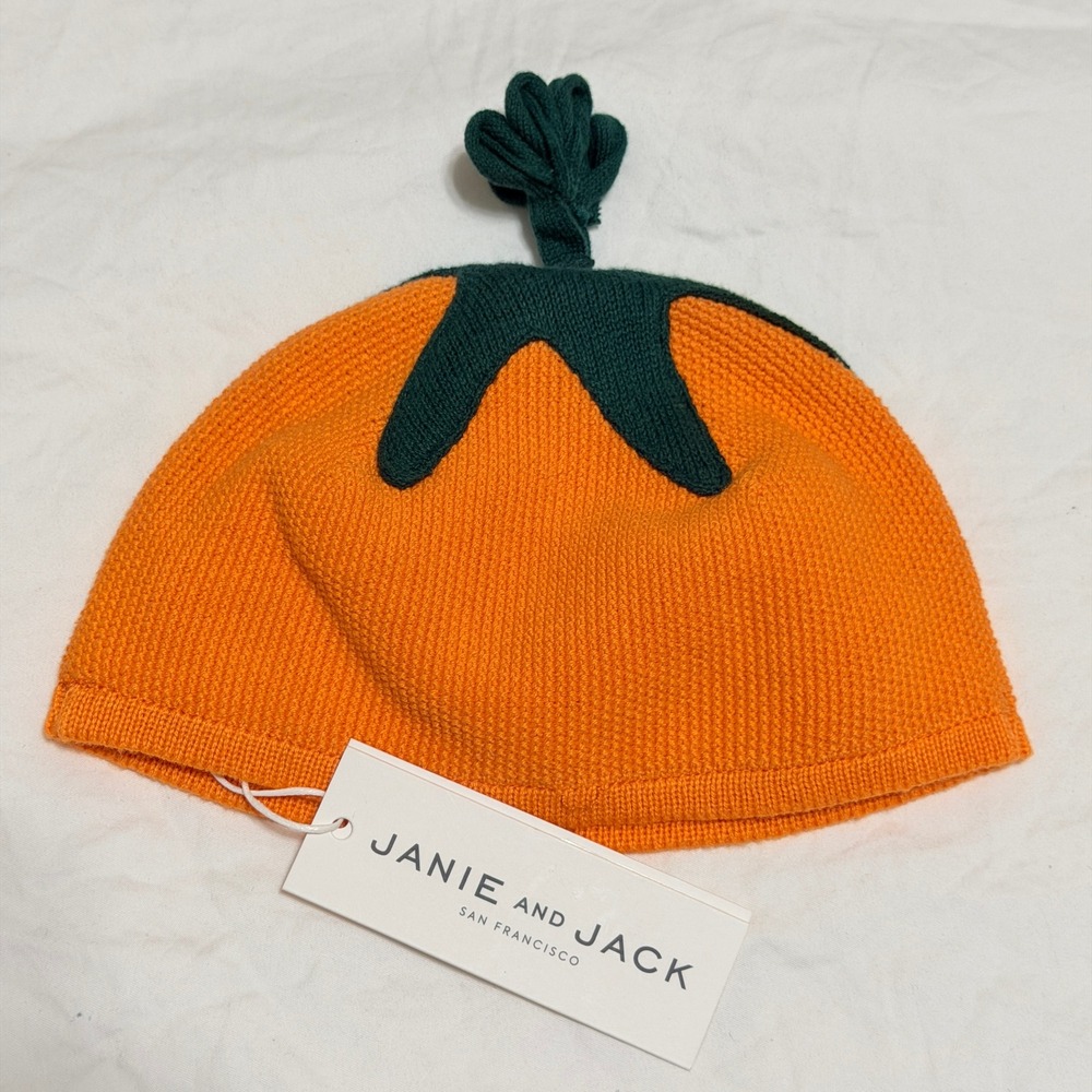 Janie and Jack Baby Pumpkin Knit Hat Orange Green 0-3 Months NWT